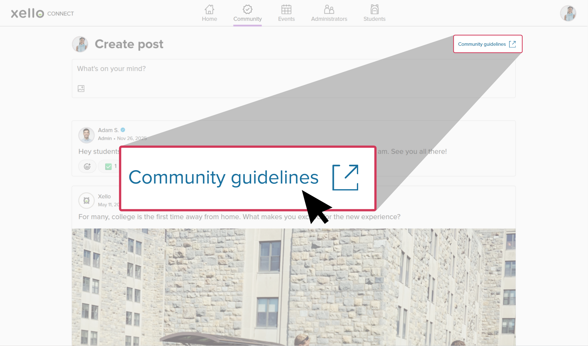 Community page open in Xello. The cursor is clicking Community guidelines.